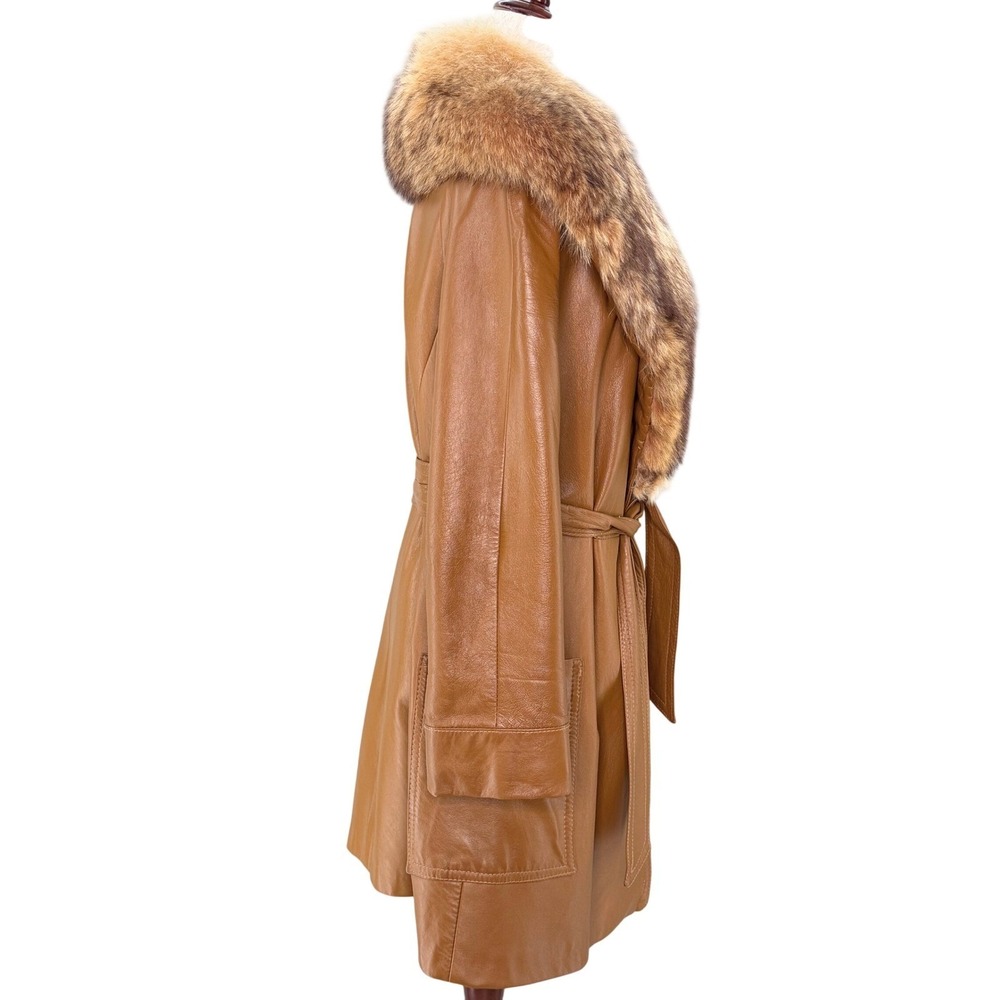 Joseph Magnin Vintage 70s Leather Trench Fox Fur Collar Belted Size 10 - Picture 2 of 8